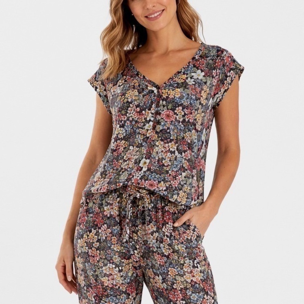 LOFT Linen Blend Floral V-Neck Button Front Cap Sleeve Top Multi-Color M 101-13